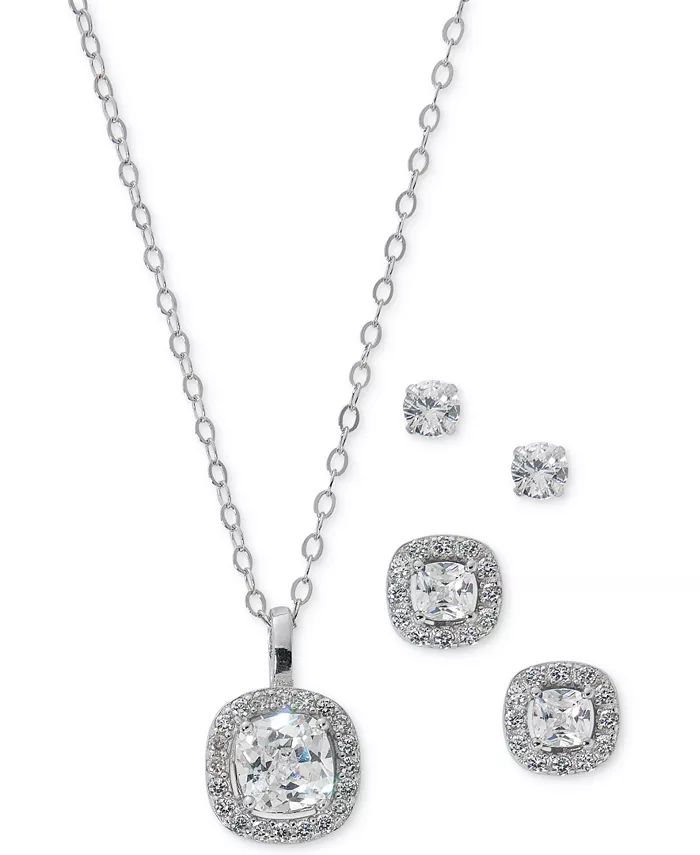 3-Pc. Set Cubic Zirconia Cushion Halo Pendant Necklace, Matching Stud Earrings, & Solitaire Stud ... | Macys (US)