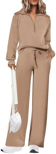PRETTYGARDEN Women's 2 Piece Outfits Casual Lapel Half Zip Sweatshirts and Wide Leg Pants Tracksu... | Amazon (US)