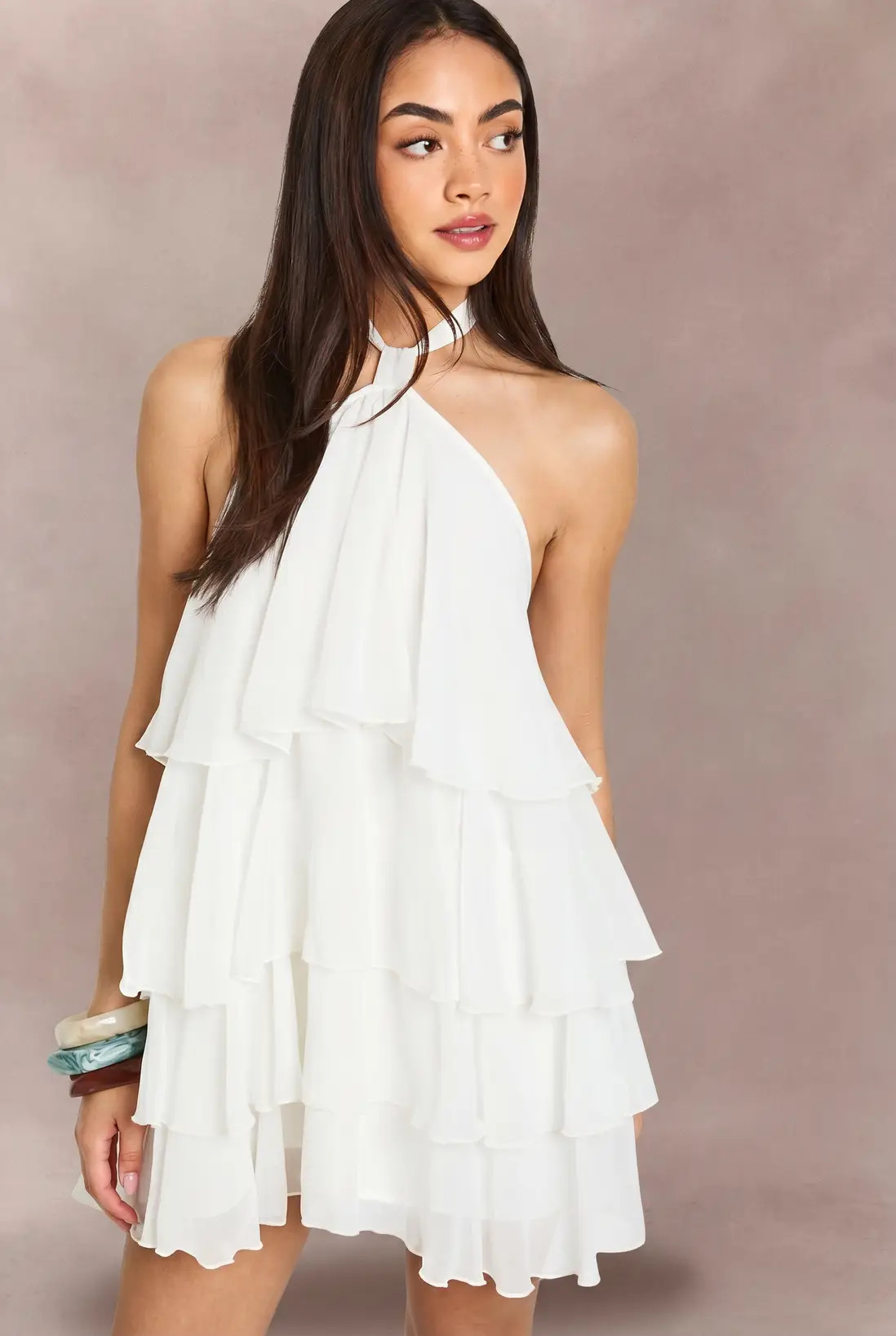 Ivory Chiffon Tiered Halterneck Mini Dress | Boohoo USA | boohoo (US & Canada)