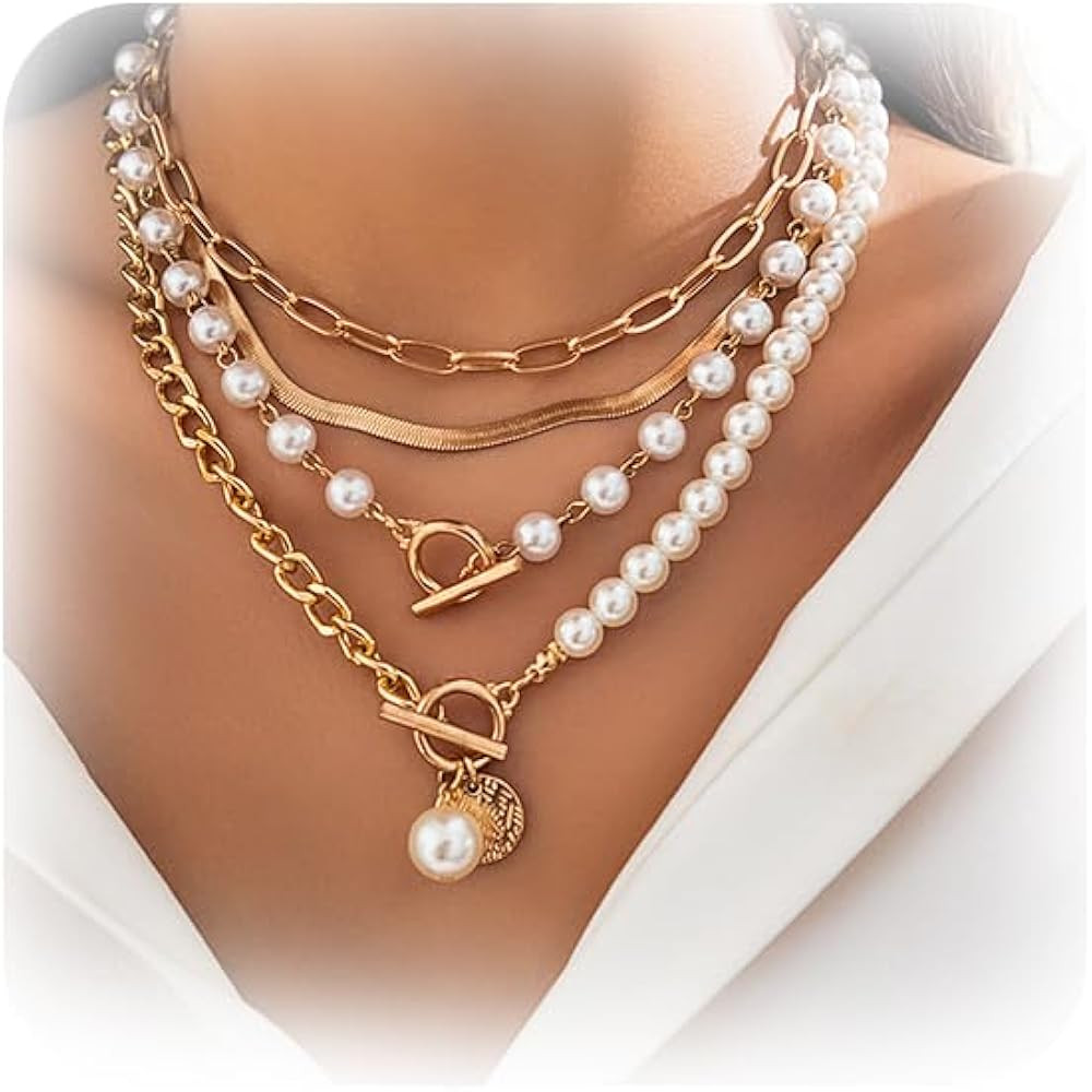 Gold Layered Necklace Multilaye Chunky Gold 14k Plated layered Pearl Paperclip Chain NecklaceAdju... | Amazon (US)