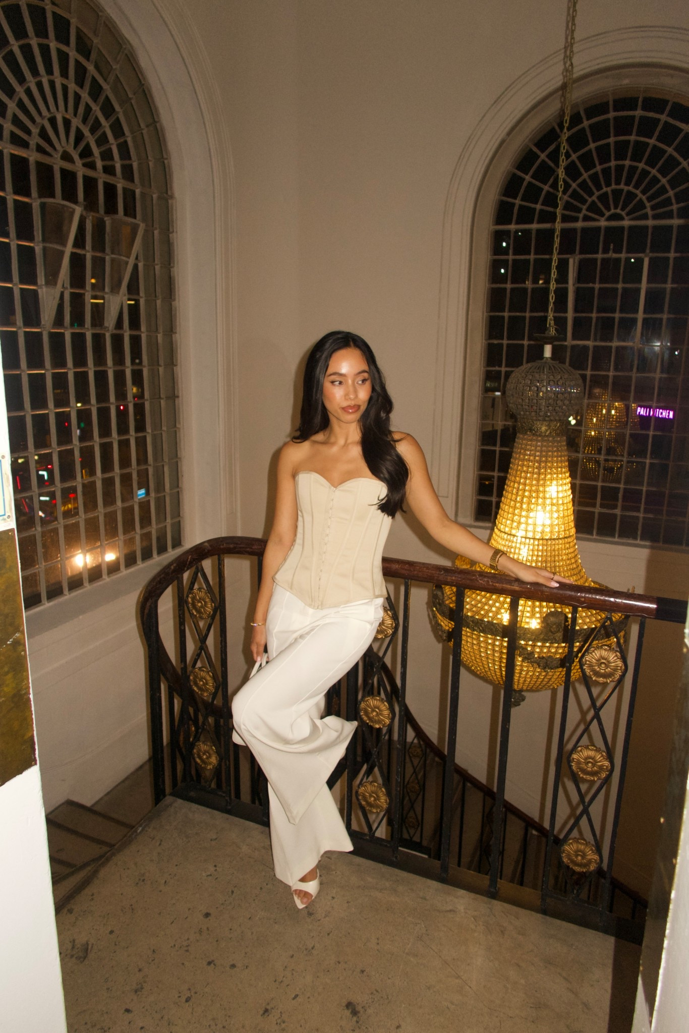 Cream and white OOTN 🤍 gorgeous corset top and wide leg satin silk tailored trousers with pointed slingbacks. Perfect for date night, holiday, girls night or bridal theme 

#LTKdatenight #LTKstyletip #LTKspring