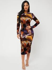 SHEIN SXY Allover Print Split Back Bodycon Dress SKU: sw2108123421219874(500+ Reviews)$10.00$11.4... | SHEIN