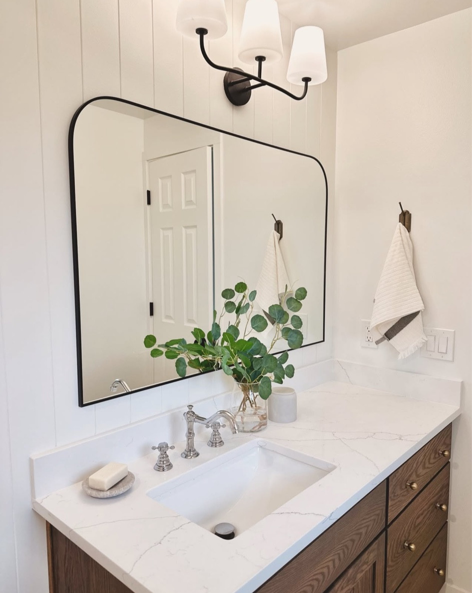 All the details and sources!

Cabinet is custom made and the stain color is Briarsmoke by Varathane.
Countertops are local Alaska Bianca quartz from JY granite in Eugene, Oregon.
Wall color is Pure White by Sherwin Williams.

Bathroom cabinets, bathroom remodel, bathroom ideas, bathroom inspiration, cabinet hardware, brass hardware, bathroom decor

#LTKHome #LTKStyleTip #LTKFindsUnder50