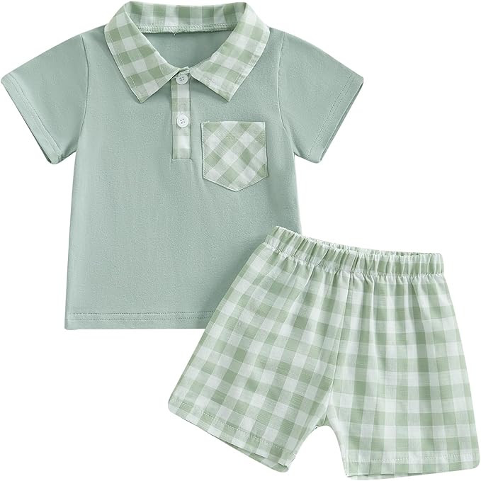 Infant Toddler Baby Boy Summer Outfit Polo Plaid Short Sleeve T-Shirt Tops and Shorts Set | Amazon (US)