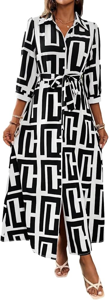 HipGlamp Women's Geometric Print Shirt Maxi Dress with 3/4 Sleeves and Belt for Casual Office Wea... | Amazon (US)