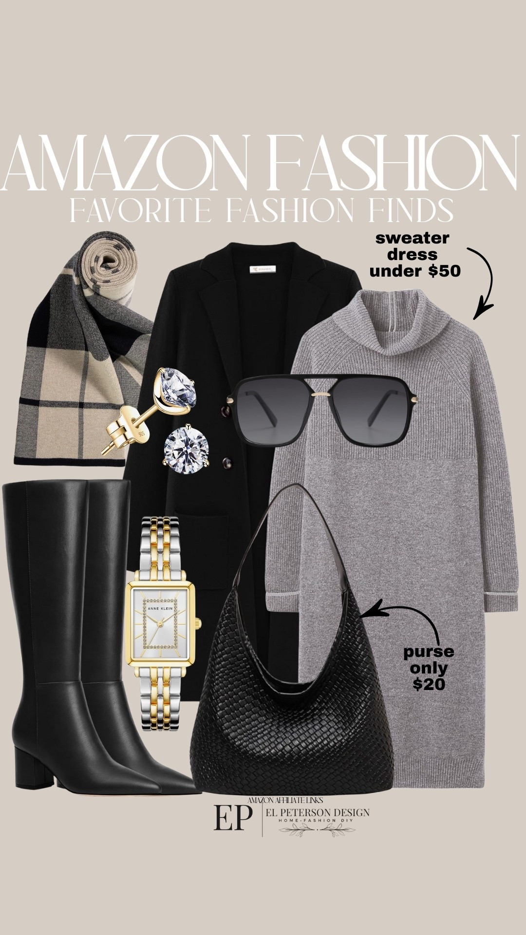 Amazon Fashion
Sweater dress
Jacket
Knee high boots
Watch
Earrings
Scarf 
Sunglasses 