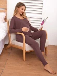 Maternity Waffle Knit Drop Shoulder PJ Set | SHEIN