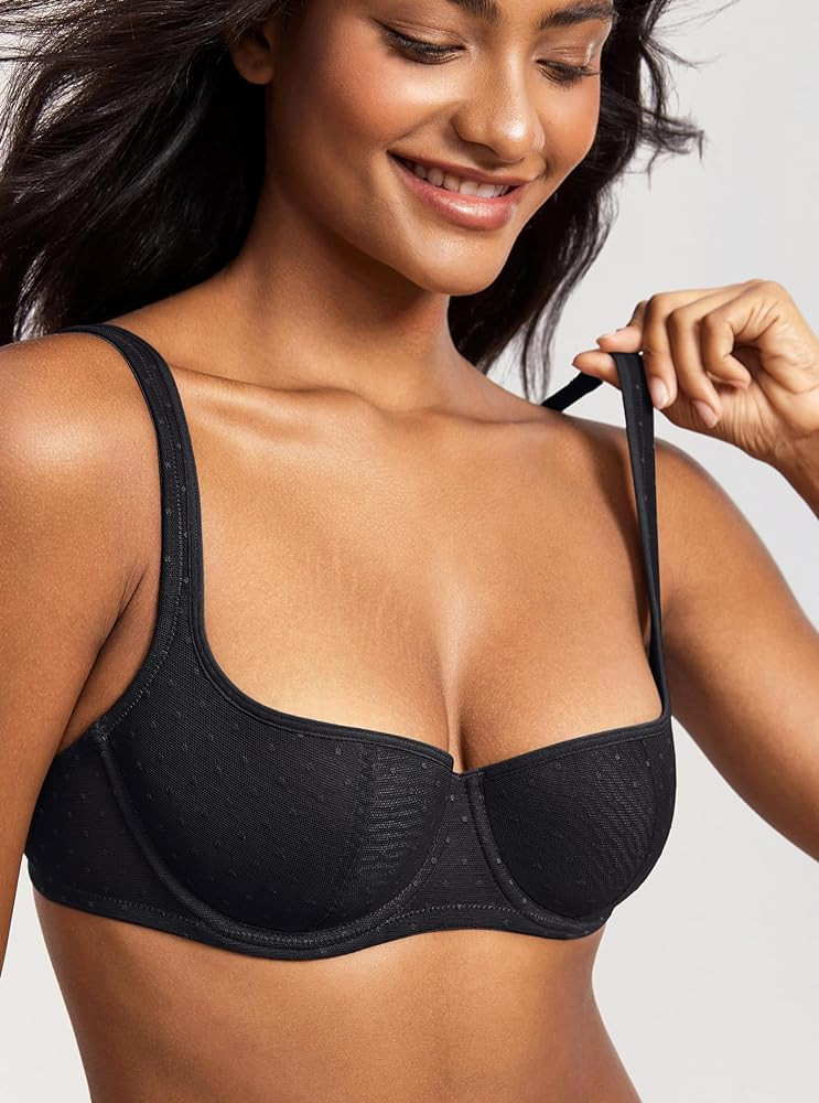 DOBREVA Women's Balconette Bra Lightly Padded Plus Size Sexy Mesh Demi Underwire Bras Wide Cushio... | Amazon (US)