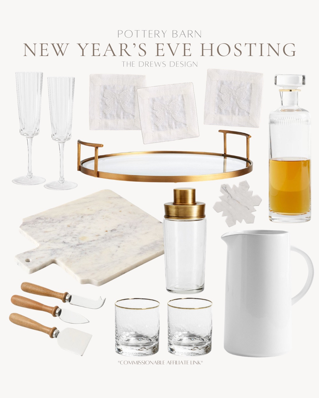 New years hosting includes pitcher, whiskey glasses, cheese knives, marble cheeseboard, drink mixer, gold tray, champagne glasses, cocktail napkins, and decanter.

Holiday Hosting, New Year’s Eve hosting, New Year’s party 

#LTKHoliday #LTKFindsUnder100 #LTKSeasonal