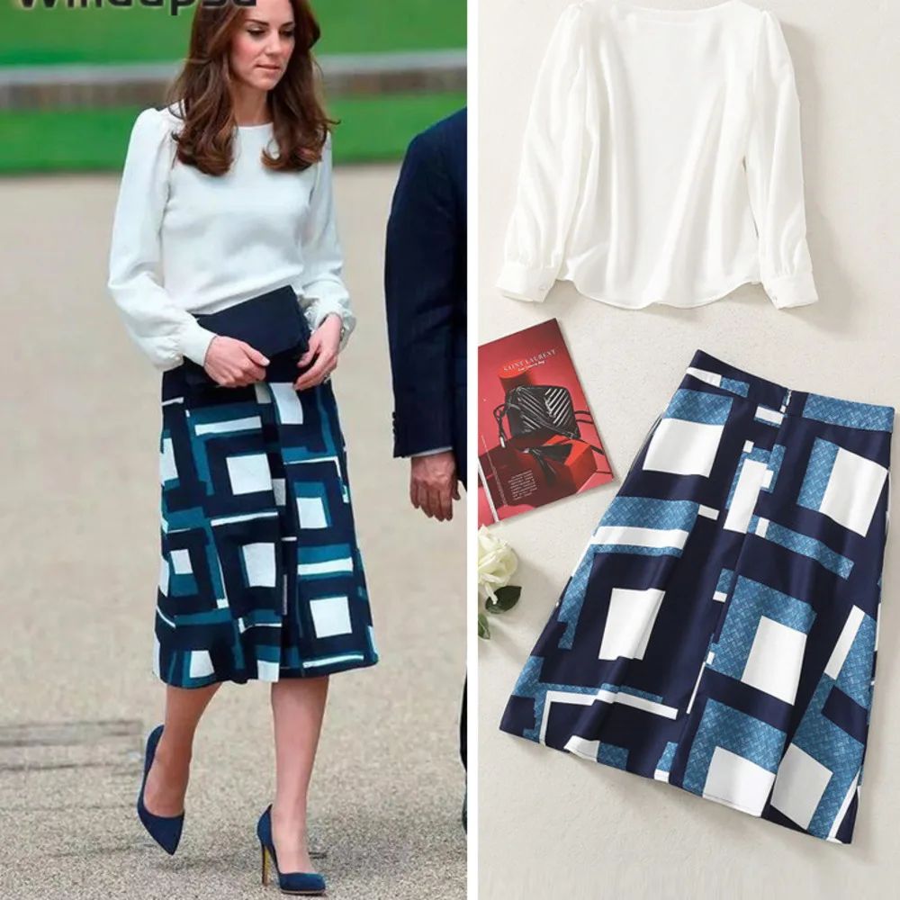 Kate Middleton Clothes Elegant Spring Autumn Chiffon Long Sleeve Blouse Top Print High Waist Skir... | AliExpress (US)