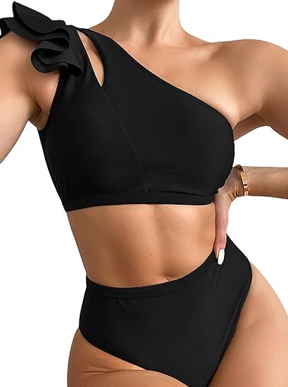 ATHMILE Swimsuits for Women One Shoulder Ruffle Trim Bikini Set High Waisted Two Piece Bathing Su... | Amazon (US)