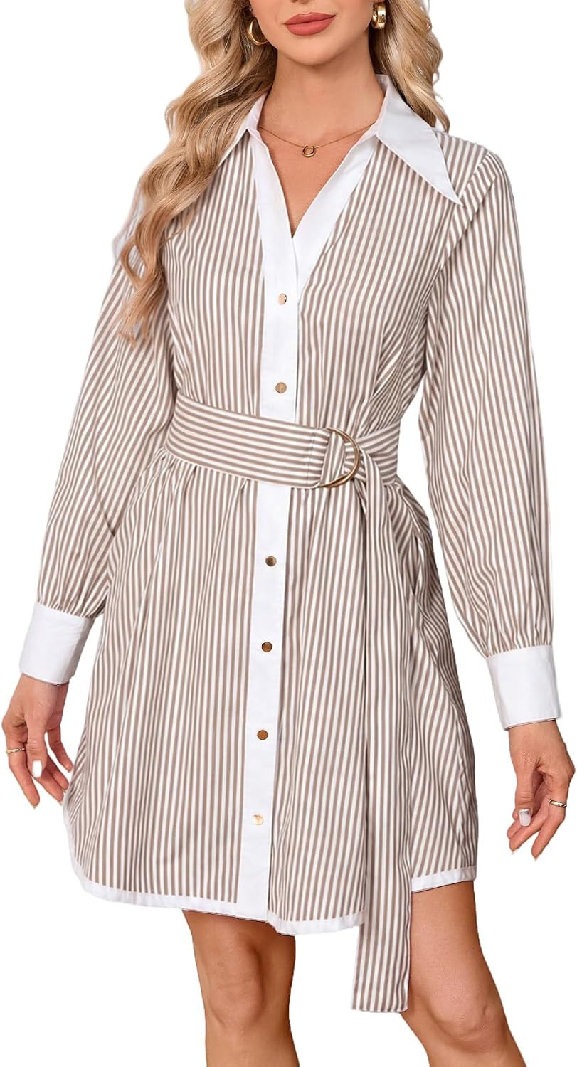 Womens Striped Long Sleeve Button Down Mini Shirt Dress V Neck Belted Dress | Amazon (US)