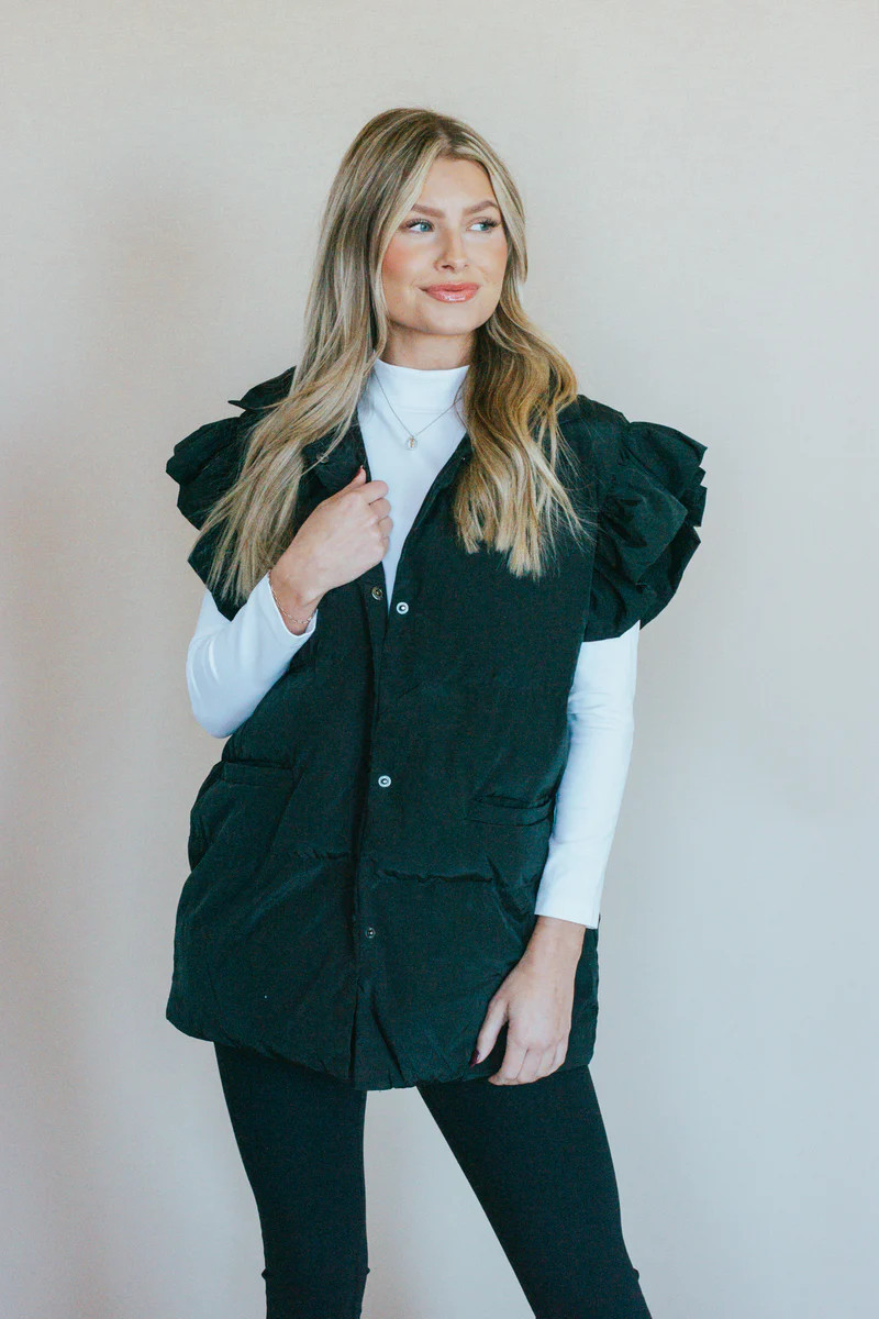 Rumors are True Ruffle Sleeve Black Puffer Vest | Apricot Lane Boutique
