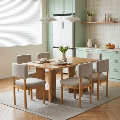 Polibi Wood Dining Table Set of 7, 6 Upholstered Chairs, Rectangular Dining Table with Cutout Table Legs, Natural | Target