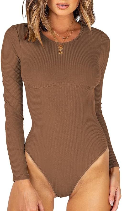 MISSJOY Women Long Sleeve Short Sleeve bodysuits Crew Neck Ribbed Knit Leotards Underbust Detaili... | Amazon (US)