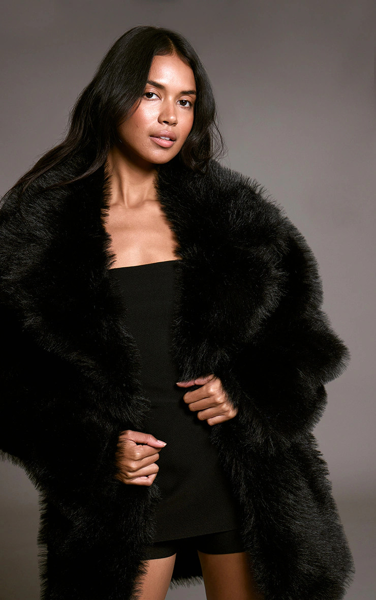 Black Oversized Midi Faux Fur Coat | Outerwear | PrettyLittleThing US