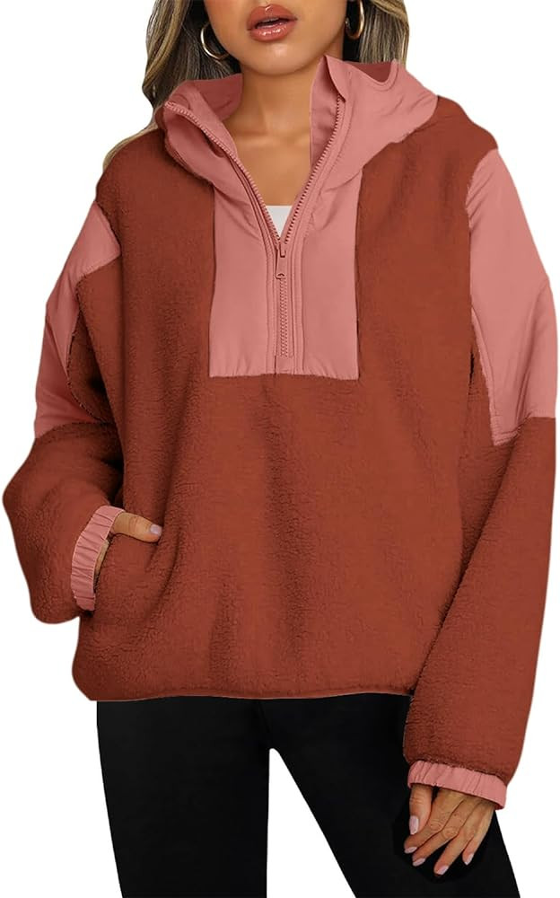Panadila Womens Half Zip Pullover with Pockets Sherpa Hoodie Oversized Hooded Sweatshirt Warm Fle... | Amazon (US)