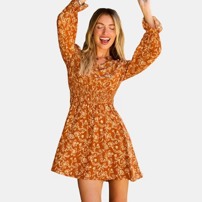 Cupshe Women's Orange Vibrant Floral Print Long Sleeve Mini Dress-L-Orange | Target