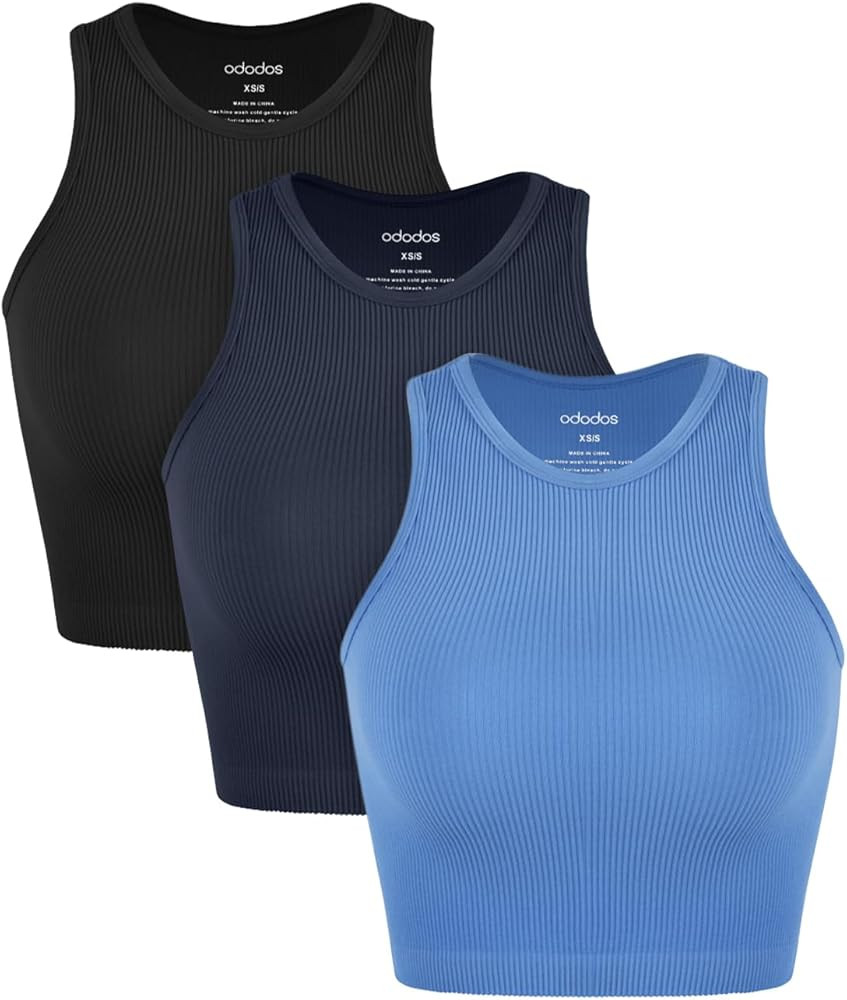 ODODOS 3-Pack Seamless Crop Tank for Women Ribbed Soft High Neck Cropped Tops | Amazon (US)