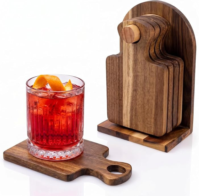 Acacia Wood Coasters Set of 4 with Holder, Mini Charcuterie Board Coasters, Decorative Wooden Drink Coasters for Coffee Table, Farmhouse Cottagecore Kitchen Decor, Housewarming Gift | Amazon (US)