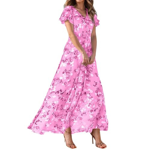 Vacation Outfits for Women, Long Chiffon Floral Short Sleeves Ruffle V Neck Fashion A-Line High Waist Flowy Swing Dress Women Summer 2025 Red Dresses Casual Clothes Casual (M, Hot Pink) | Amazon (US)