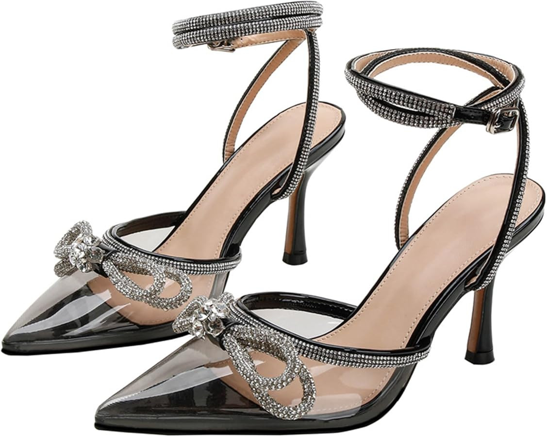Women's Glitter Rhinestone Bow Close Clear Pointed Toe High Kitten Heels Pumps with Ankle Strap S... | Amazon (US)