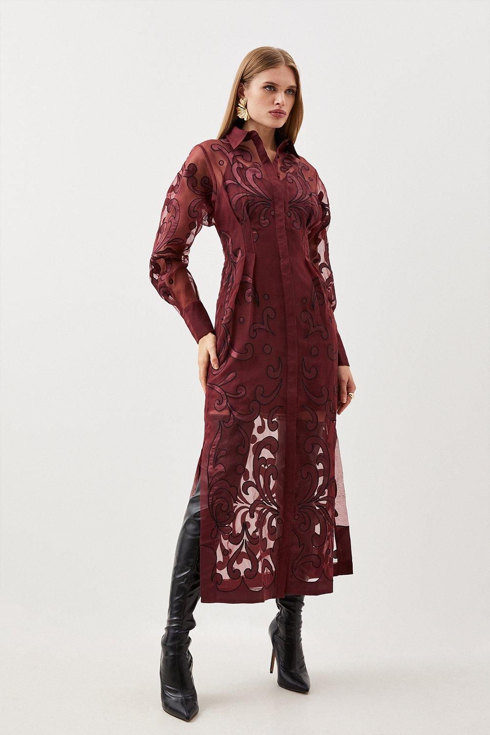 Applique Organdie Woven Midi Shirt Dress | Karen Millen UK + IE + DE + NL