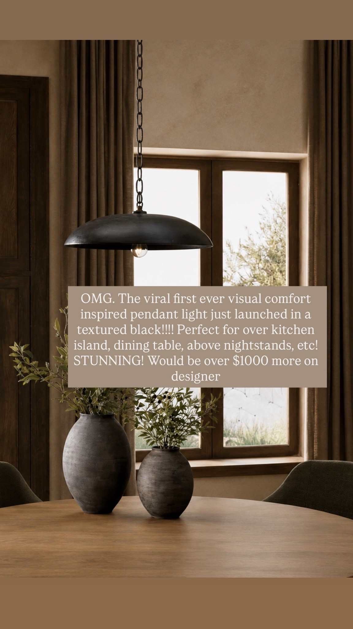 OMG. The viral first ever visual comfort inspired pendant light just launched in a textured black!!!! Perfect for over kitchen island, dining table, above nightstands, etc! STUNNING! Would be over $1000 more on designer
