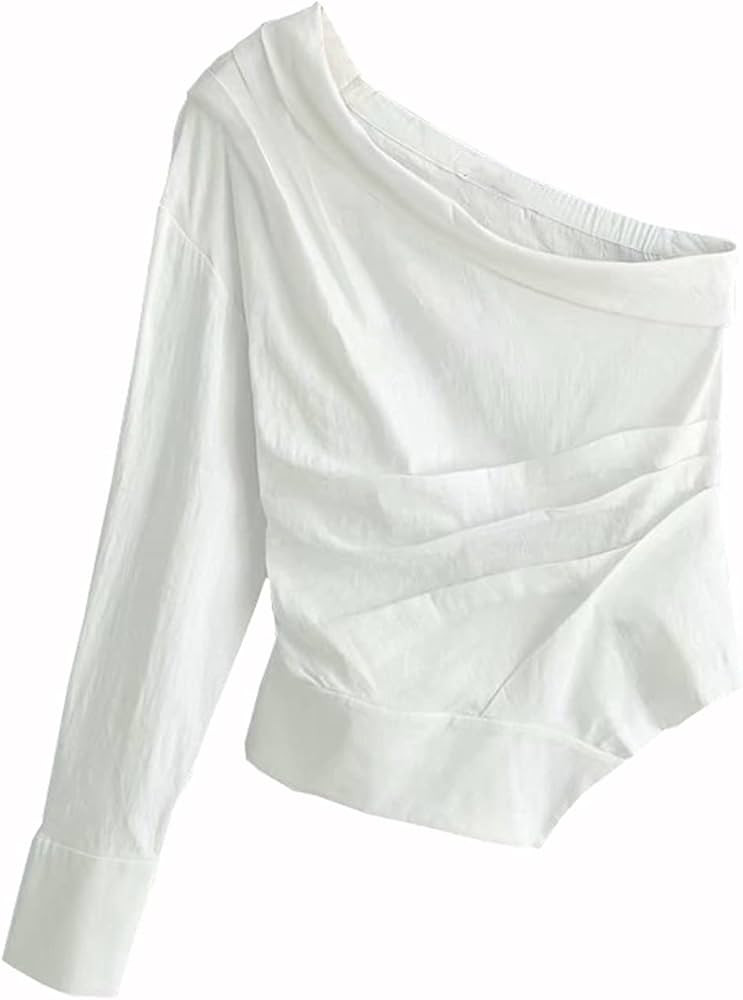 Yliping Women Sexy One Shoulder White Blouse Skew Collar One Sleeve Irregular Shirts Female Slim ... | Amazon (US)
