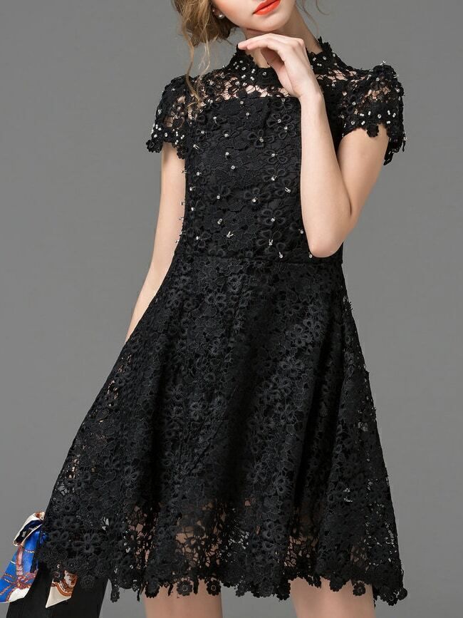 Black Crochet Hollow Beading A-Line Dress | Romwe