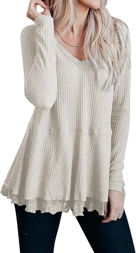Naggoo Womens Long Sleeve Waffle Knit Tops V Neck Lace Patchwork Casual Tunics Shirts | Amazon (US)