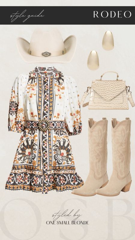 Rodeo outfit style idea 🖤 belted mini dress, cream cowgirl boots, western hat, gold earrings and crocodile bag 

#LTKstyletip #LTKSeasonal #LTKparties