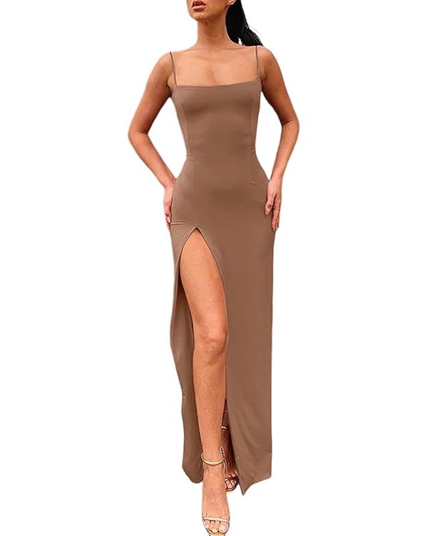 VNIRA Women's Spaghetti Strap Long Bodycon Dresses Sexy Sleeveless Thigh Slit Club Party Maxi Dre... | Amazon (US)