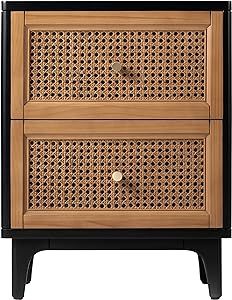 Fully-Assembled 2-Drawer Woven Cane Front Accent Nightstand with Brass Knobs, Black | Amazon (US)