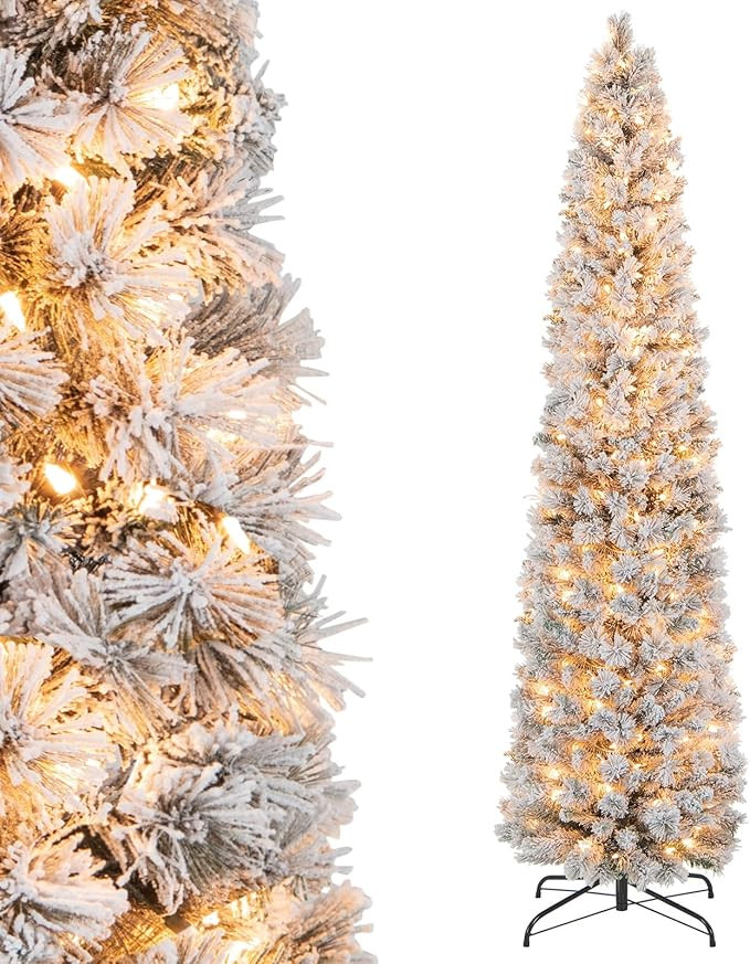 Goplus 7ft Pre-Lit Snow Flocked Pencil Christmas Tree, Artificial Slim Xmas Tree with 210 Warm-Wh... | Amazon (US)