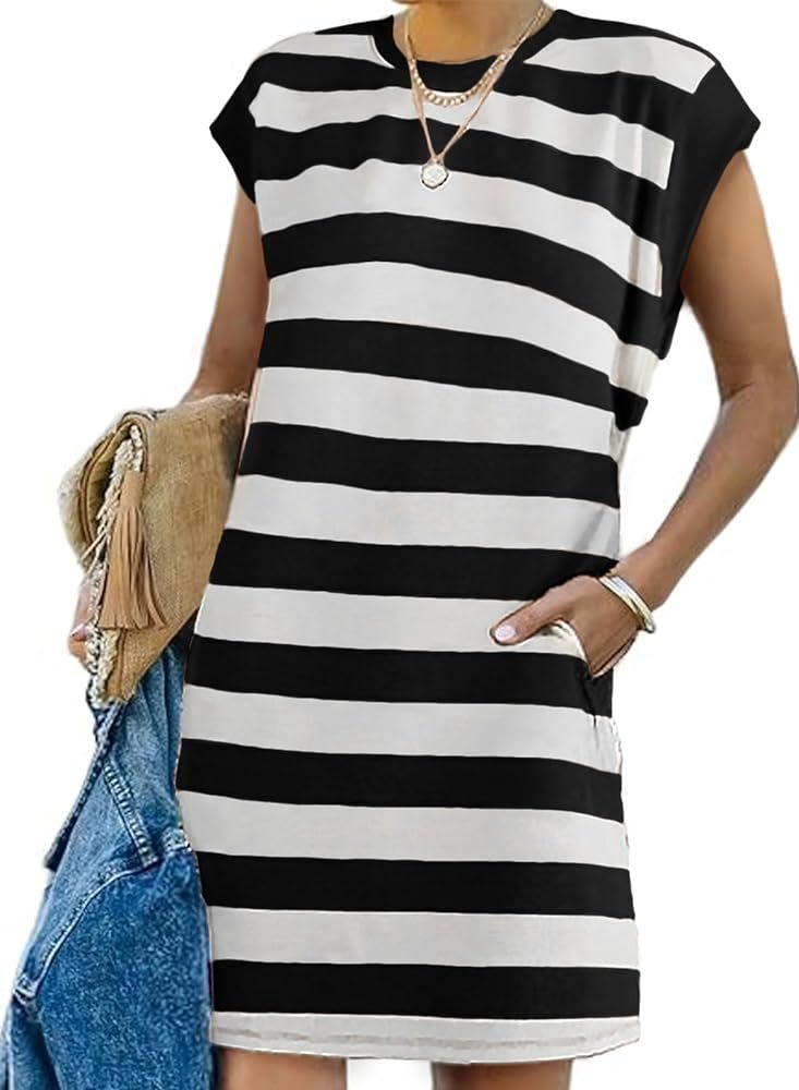 AlvaQ Womens Striped Summer Dresses 2024 Crewneck Cap Sleeve Color Block Casual A Line Tshirt Dre... | Amazon (US)