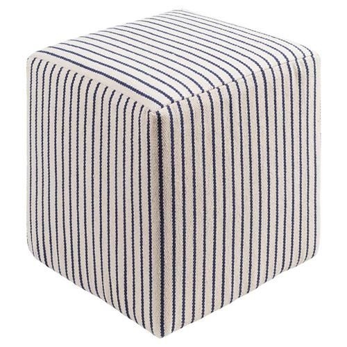 Open Box Jesse Coastal Beach Blue Stripe Beige Cotton Square Pouf | Kathy Kuo Home