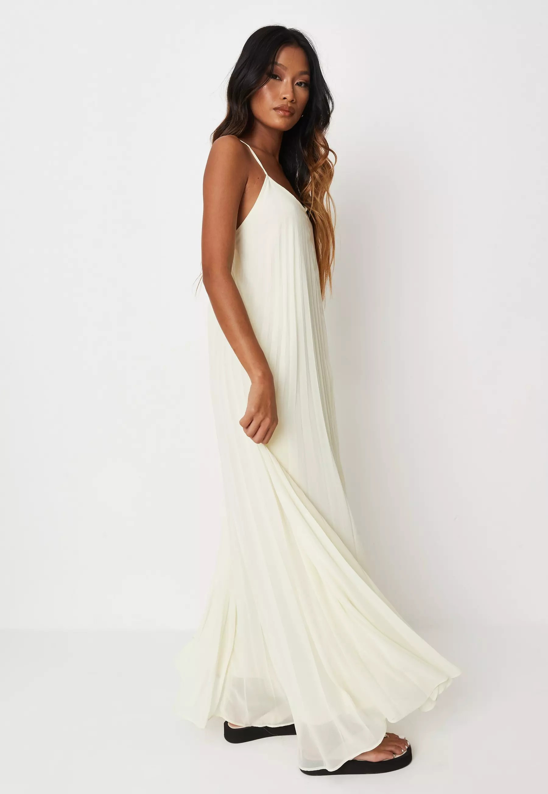 Petite Cream Pleated Chiffon Strappy Cowl Neck Maxi Dress | Missguided (US & CA)