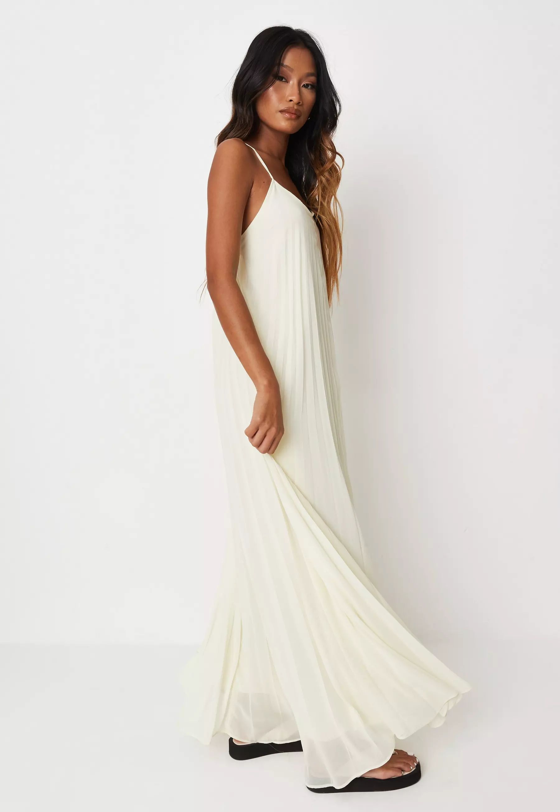 Petite Cream Pleated Chiffon Strappy Cowl Neck Maxi Dress | Missguided (UK & IE)