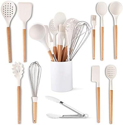 Five14 11-Pc. White Silicone Kitchen Utensils Set Heat Resistant Silicone Cooking Utensils Beech ... | Amazon (US)