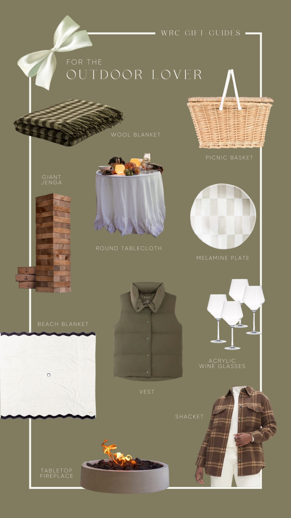 Gift guide for all the outdoor lovers on your list. Wool outdoor blanket, wicker picnic basket, melamine plate, round tablecloth, giant wooden jenga, acrylic wine glasses, beach blanket, vest, tabletop fireplace, shacket 

#LTKHolidaySale #LTKGiftGuide #LTKSeasonal