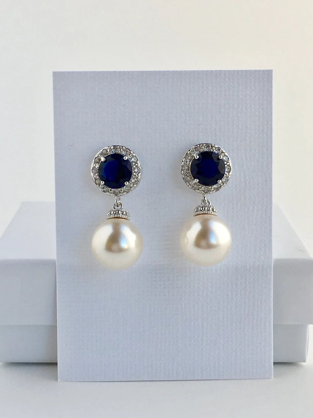 Sapphire Bridal Earrings Blue Crystal Halo Earrings Wedding Cubic Zirconia Earrings Blue Bridal E... | Etsy (US)