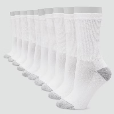 Hanes Women's Extended Size Cushioned 10pk Crew Socks - White 8-12 | Target