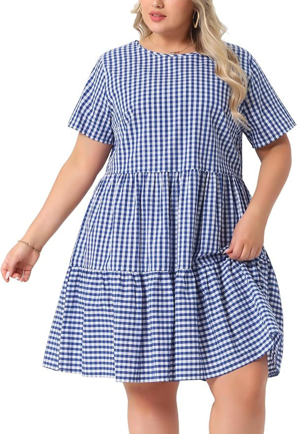 Agnes Orinda Plus Size Gingham Dresses 1950s Vintage Plaid Round Neck Short Sleeve Tiered Midi Su... | Amazon (US)