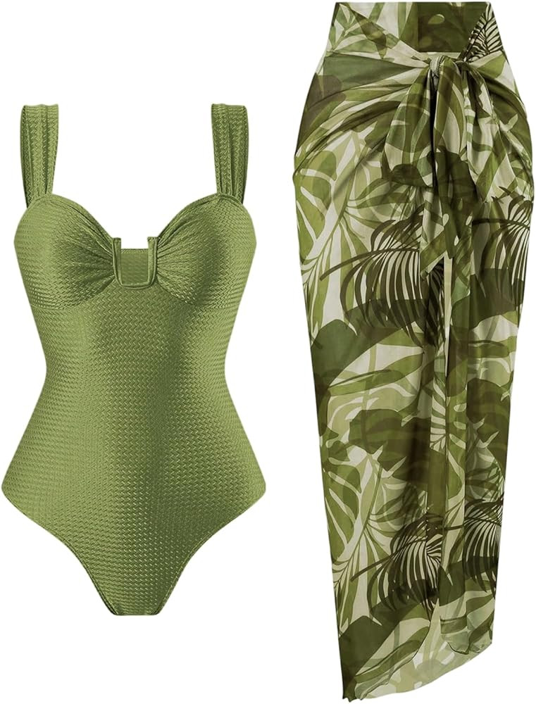 MakeMeChic Women's Wide Strap Sleeveless One Piece Swimsuit Ruched Textured Bathing Suit with Cov... | Amazon (US)