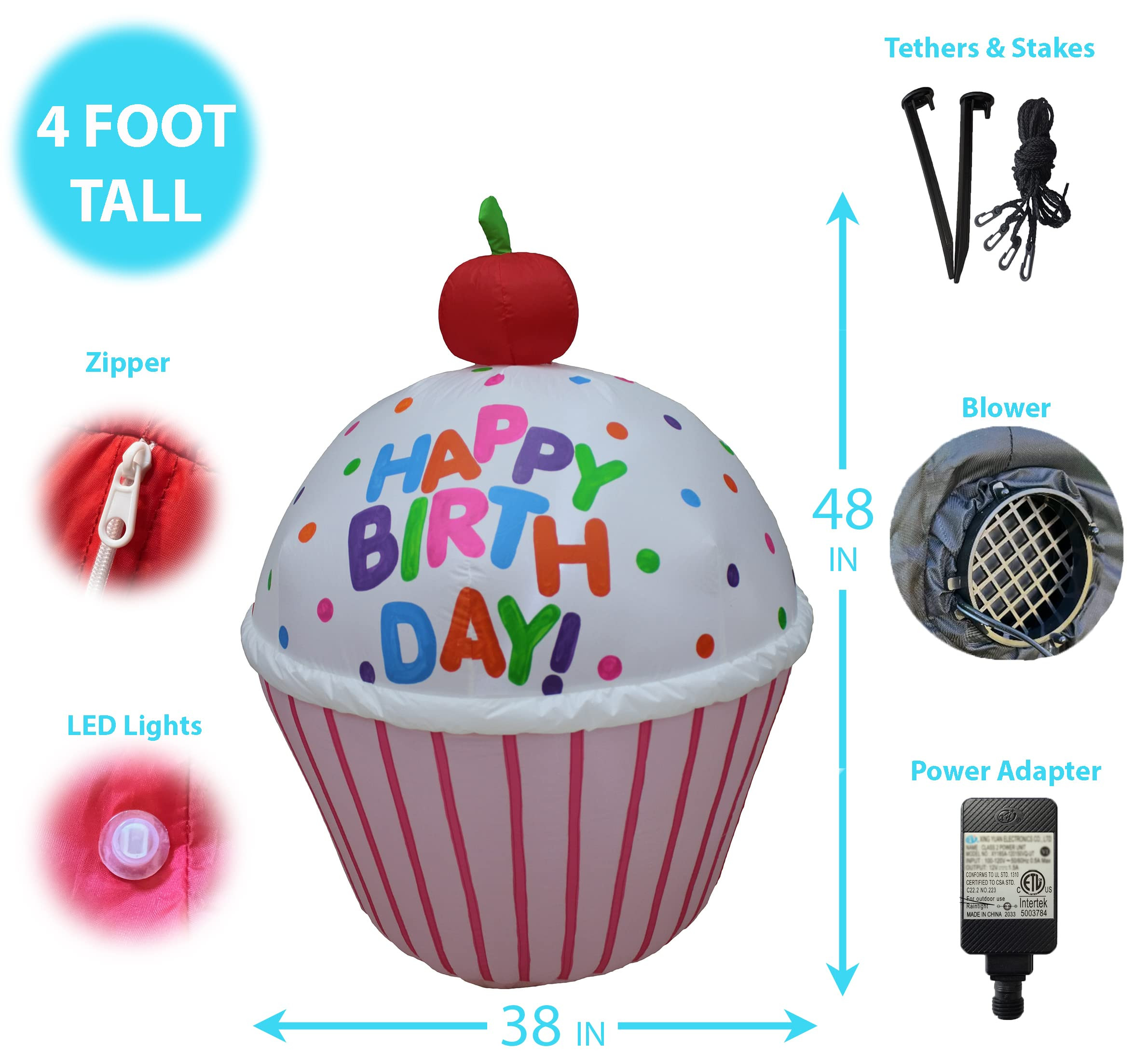 4 Foot Tall Cute Happy Birthday Inflatable Cupcake with Cherry Lighted Blowup Party Decoration fo... | Amazon (US)