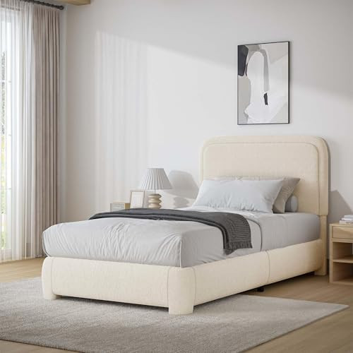 Twin Size Bed Frame, Boucle Upholstered Platform Bed Frame with Headboard, Modern Style, Soft Rounded Corners, No Box Spring Required, Easy Assembly, Cream | Amazon (US)