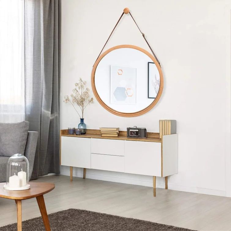 Hanging Round Wall Mirror In Bathroom & Bedroom - Solid Bamboo Frame & Adjustable Leather Strap, ... | Wayfair North America