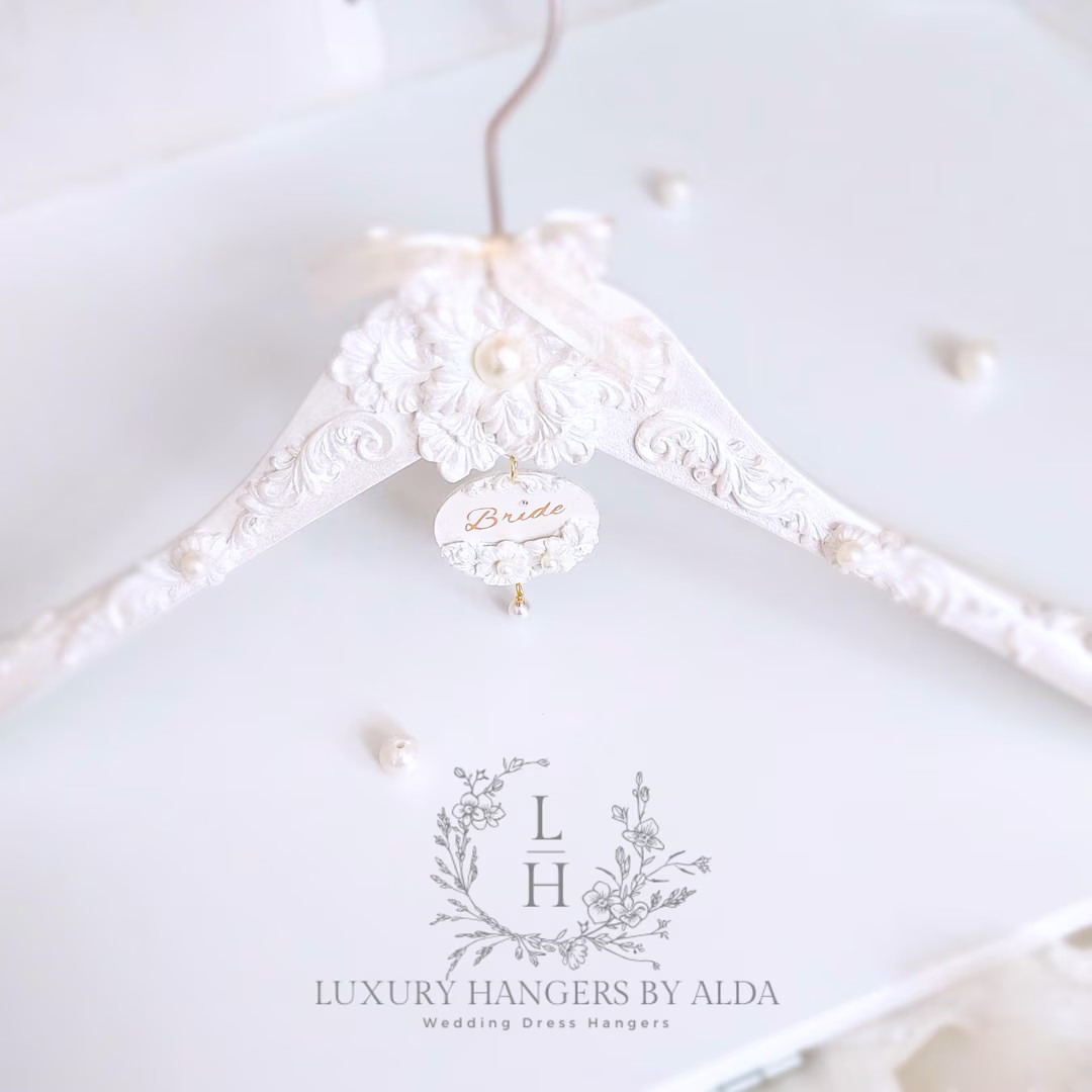 Luxury Pearl Embellished Wedding Dress Hanger With Dangling Personalised Tag, Large Sturdy Weddin... | Etsy (US)