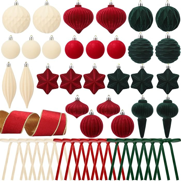47 Pcs Christmas Velvet Ornaments Kit Include 28 Assorted Flocked Hanging Christmas Tree Balls 18... | Amazon (US)